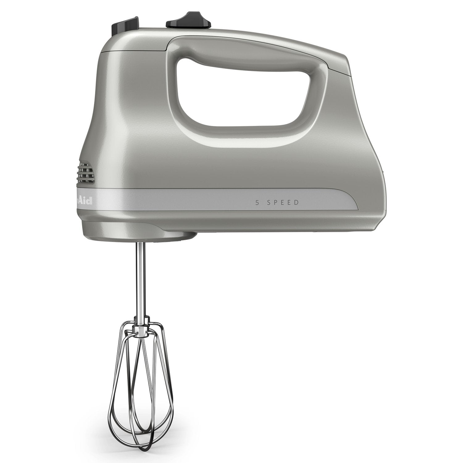 Silver hand mixer with wire whisk beaters and 5-speed markings