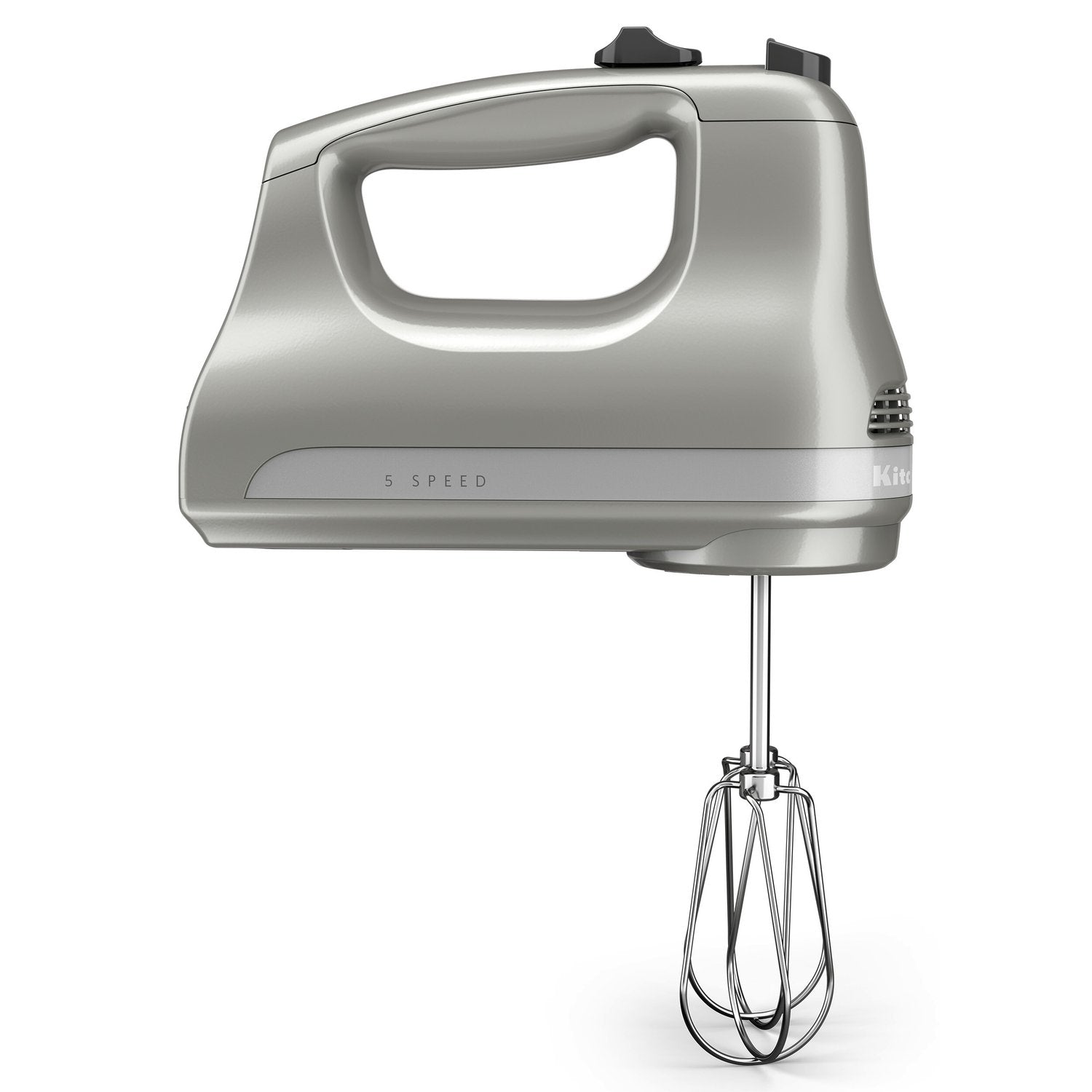 Silver 5-speed hand mixer with wire whisk beaters attached