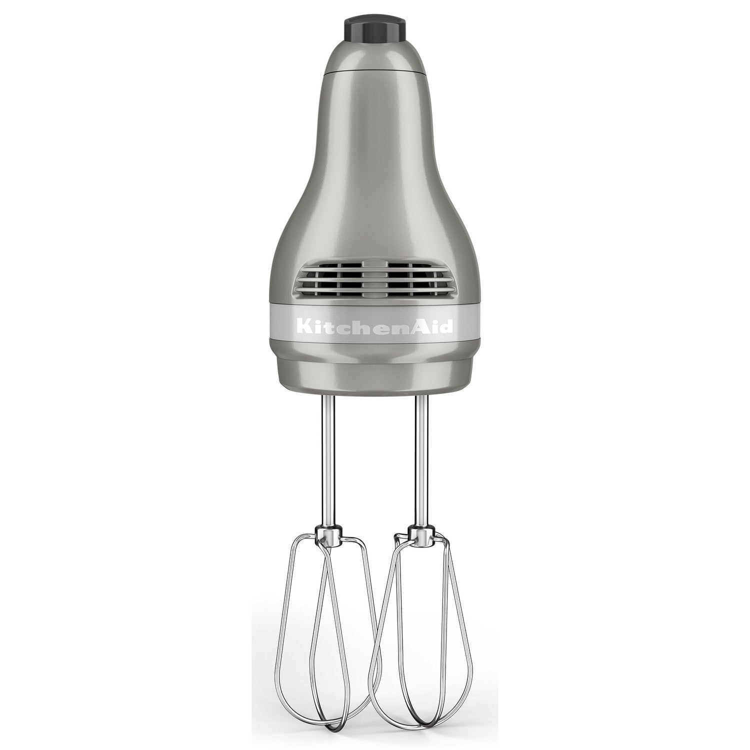 Silver hand mixer head with vented grille and two wire whisk beaters