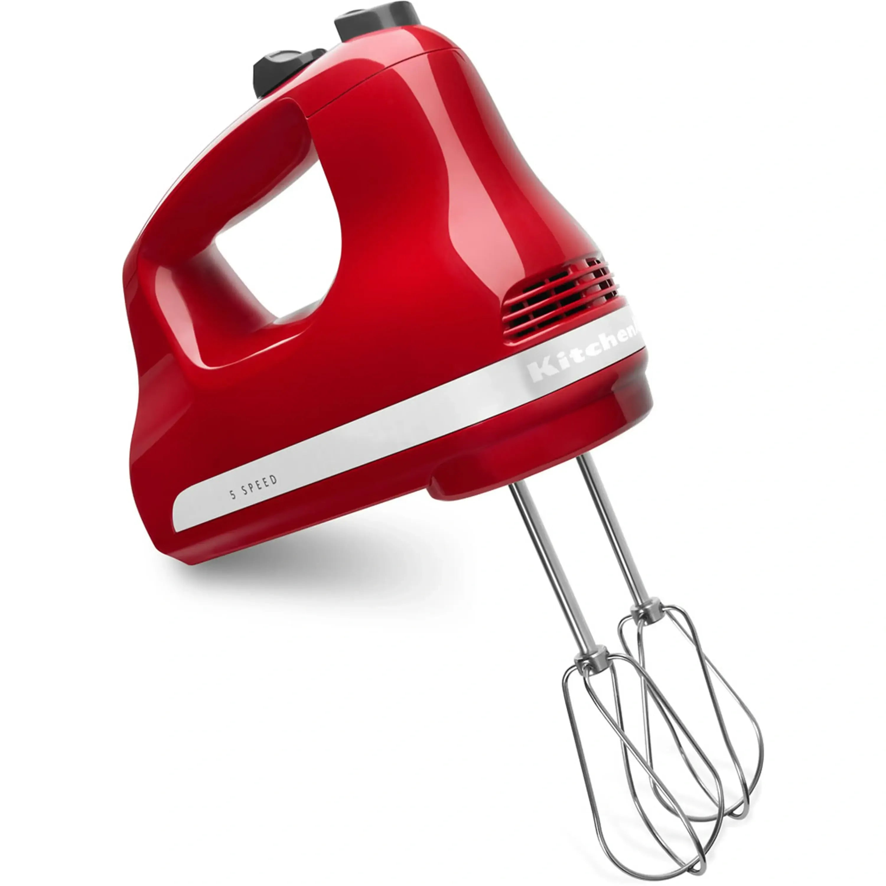 Red KitchenAid 5-speed hand mixer with beaters and corded stand base