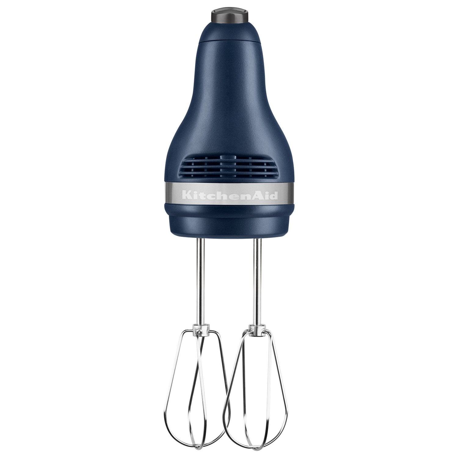 KitchenAid hand mixer in ink blue with two wire whisk beaters attached
