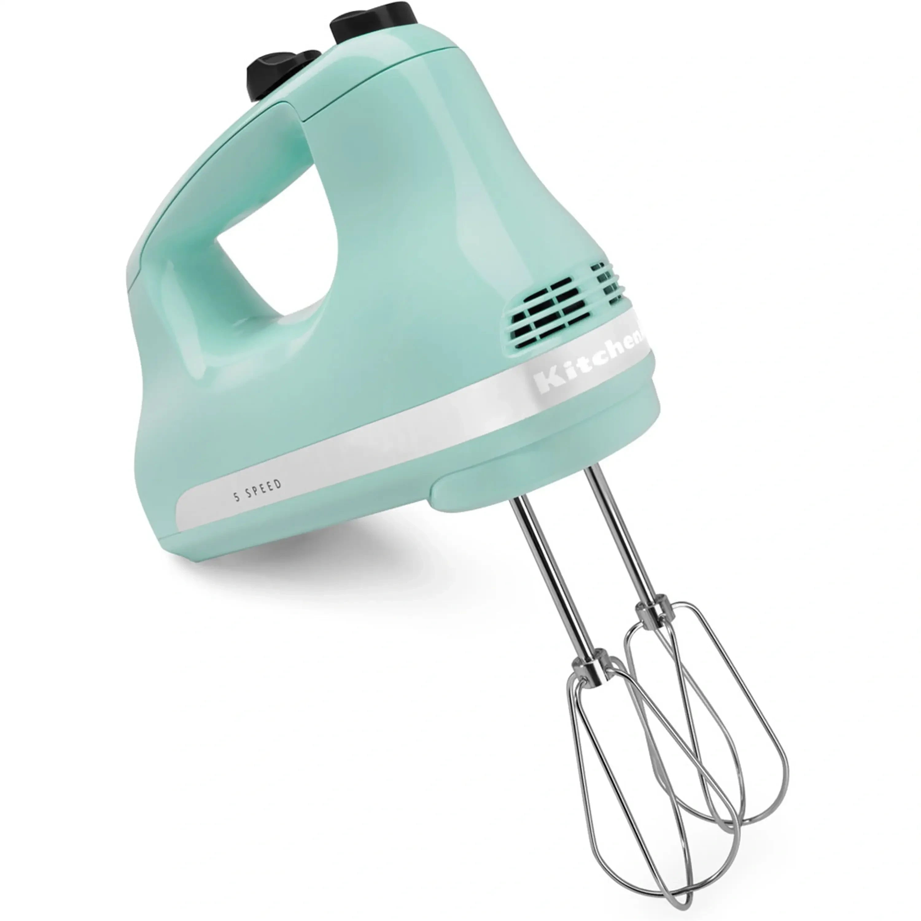 KitchenAid ice-colored 5-speed hand mixer with chrome beaters and black speed knob