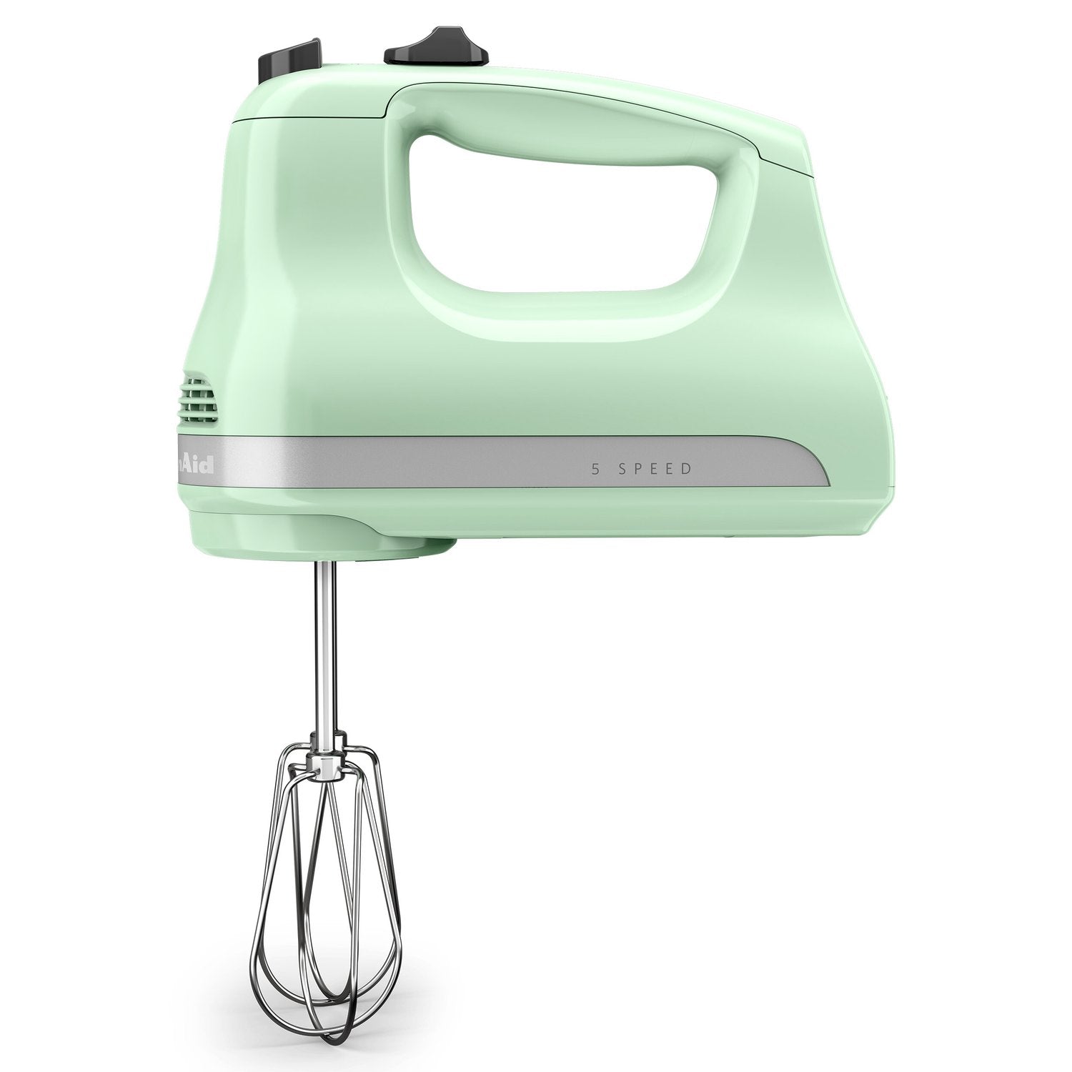 Pistachio green hand mixer with beaters extended, front view