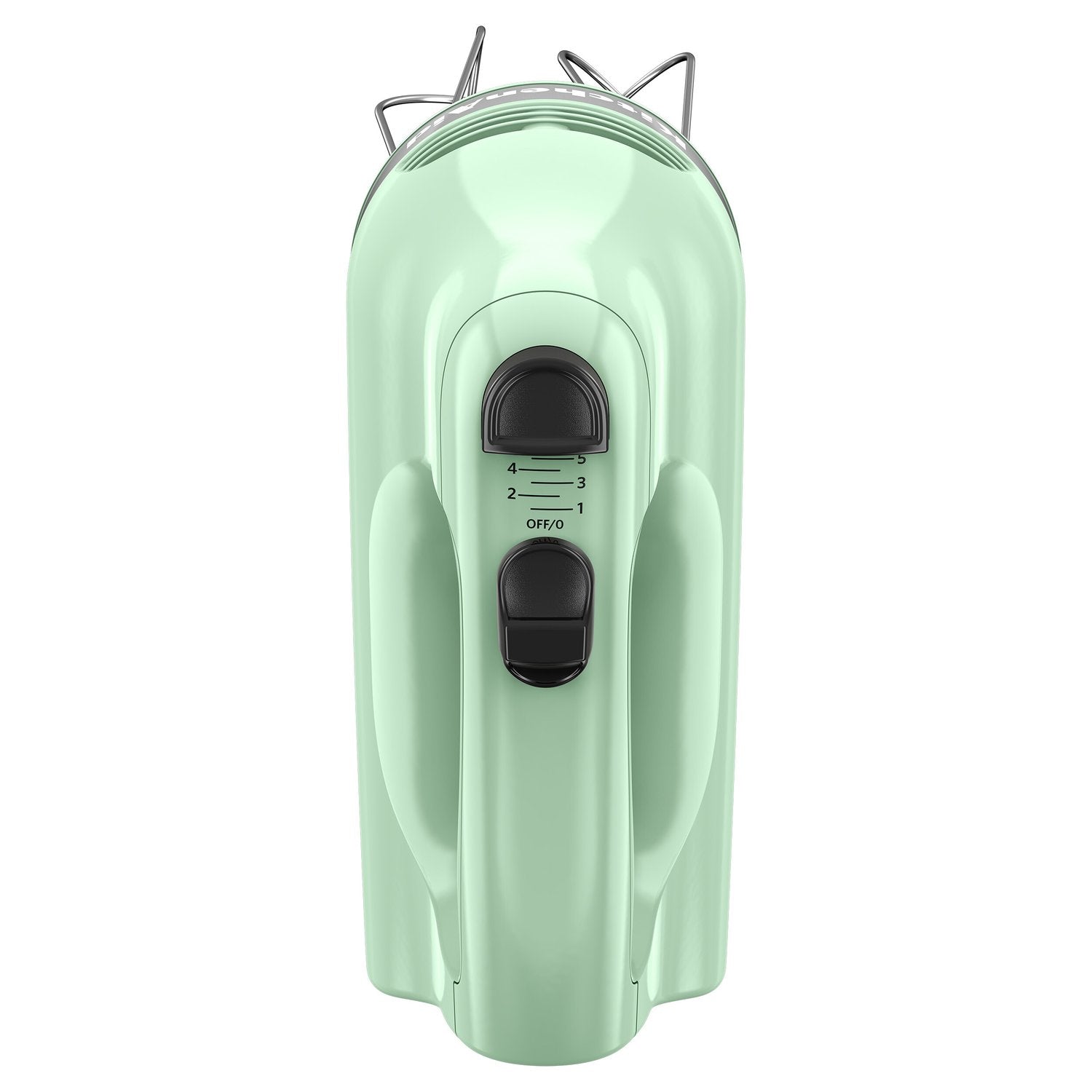 Pistachio green hand mixer with top speed dial and black power switch
