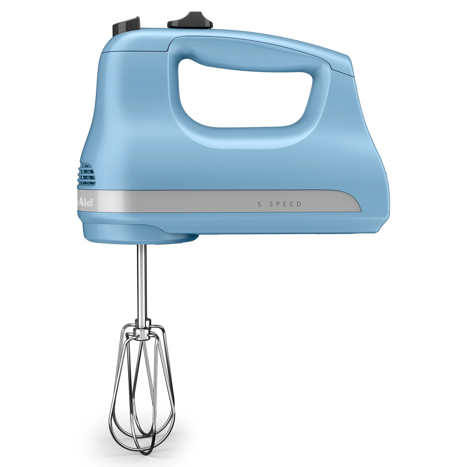 Blue KitchenAid hand mixer with wire beaters and speed markings