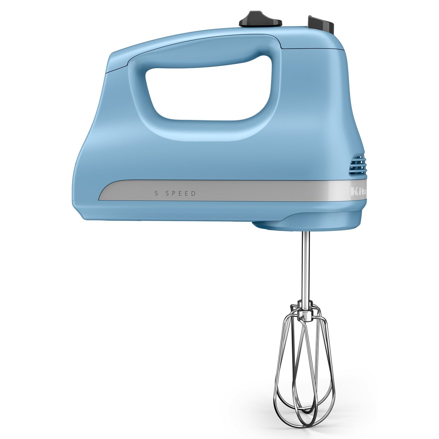 Blue KitchenAid hand mixer with wire beaters and speed markings