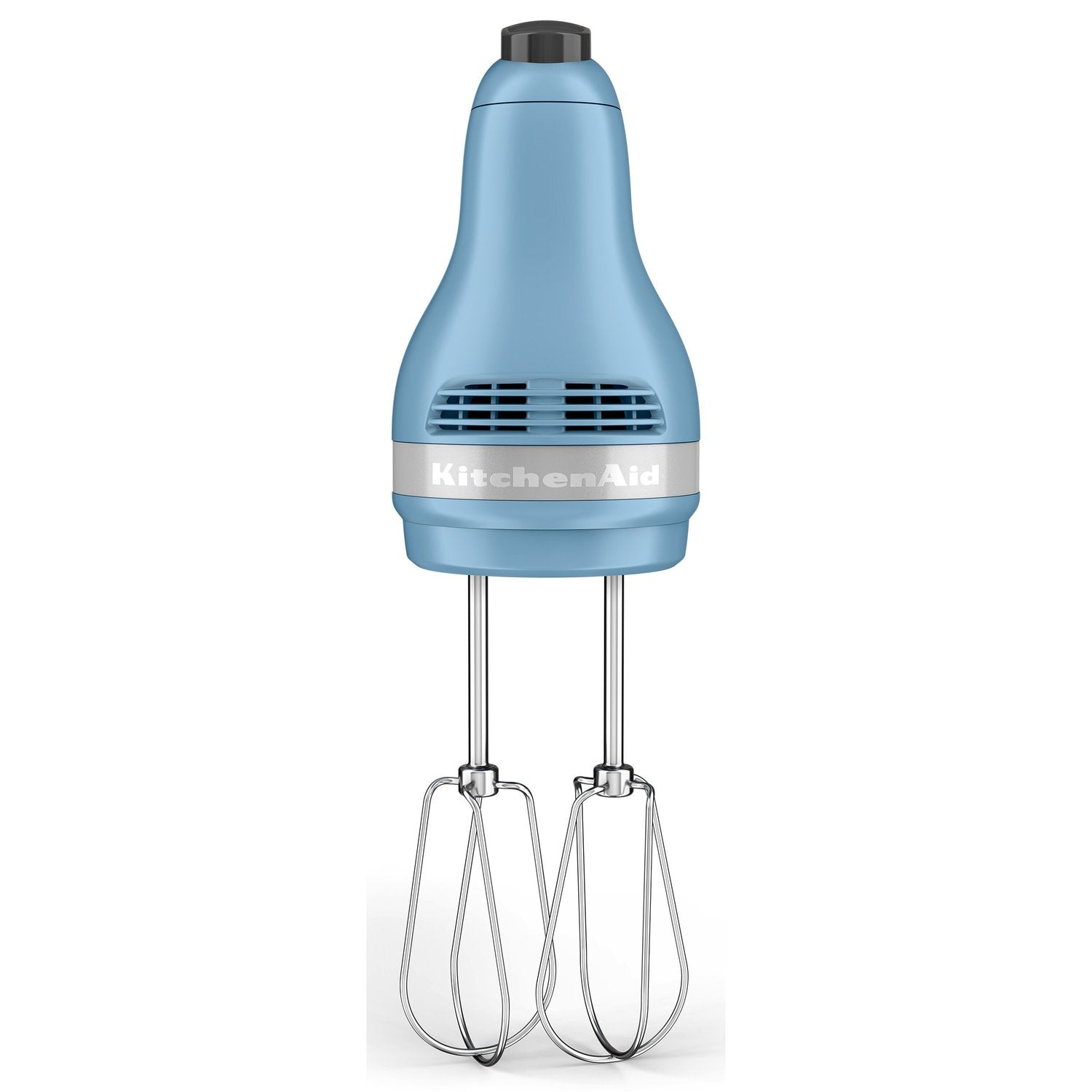 Blue KitchenAid hand mixer head with two wire beaters