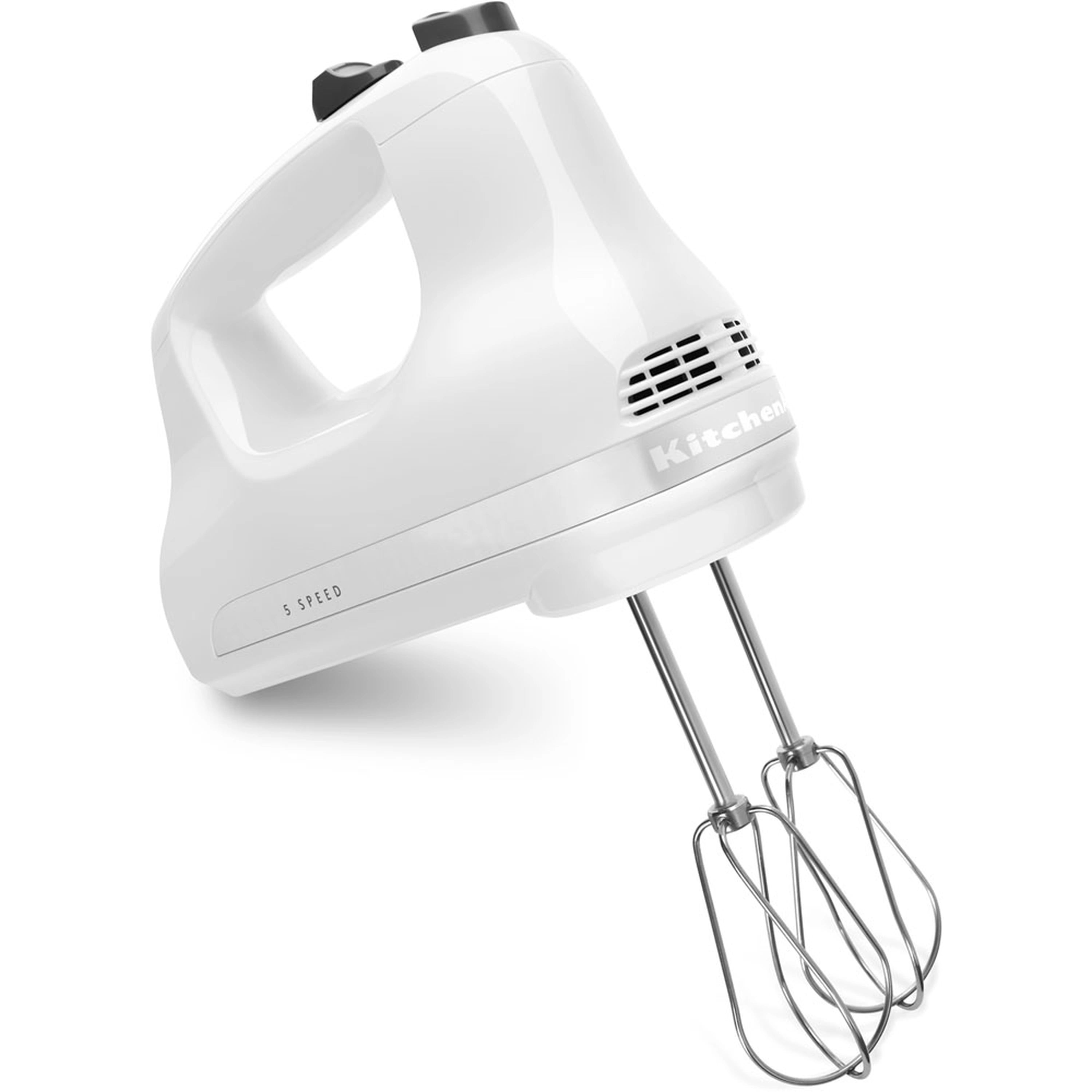 White KitchenAid hand mixer with twin chrome beaters and speed controls