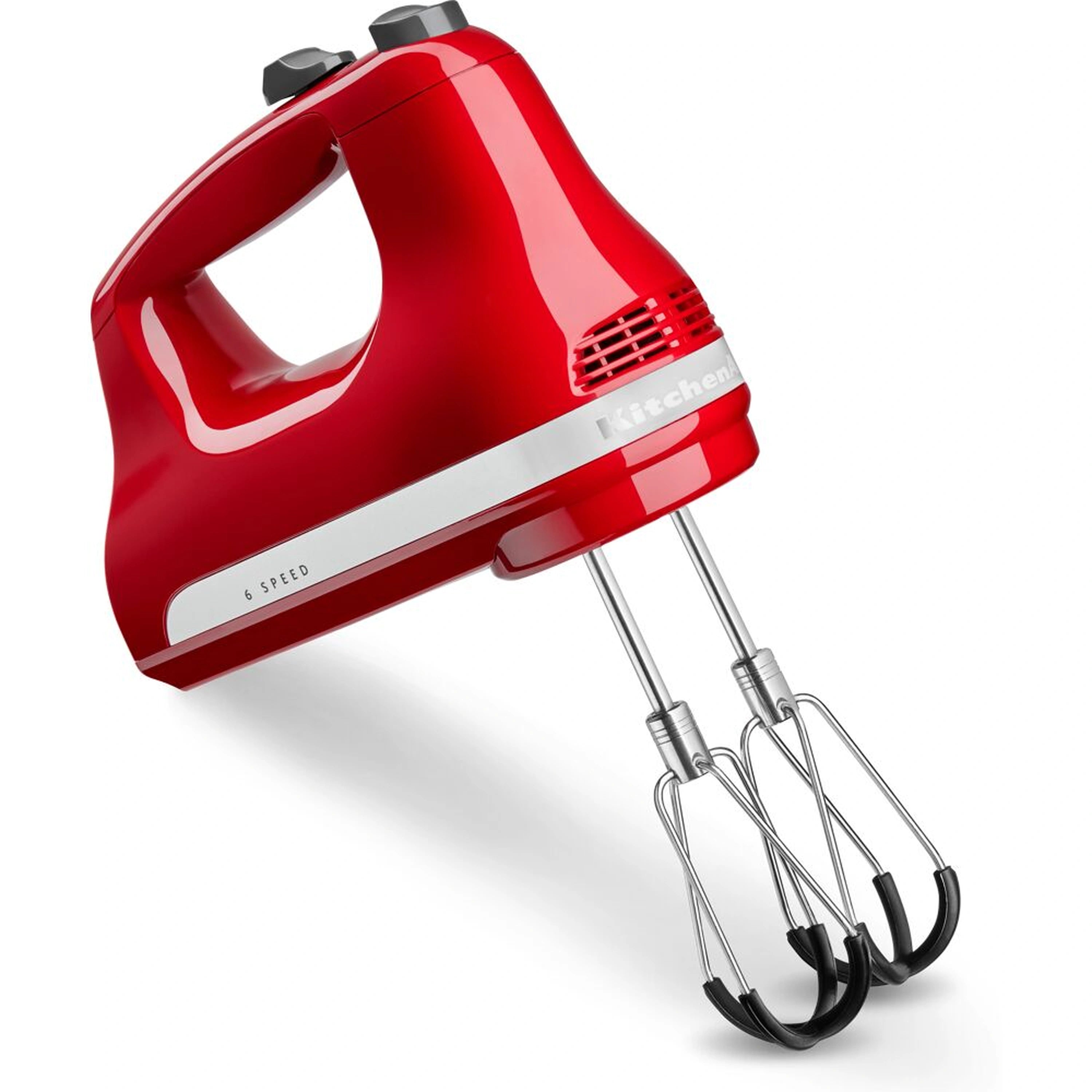 Red hand mixer with two metal beaters and black speed settings panel