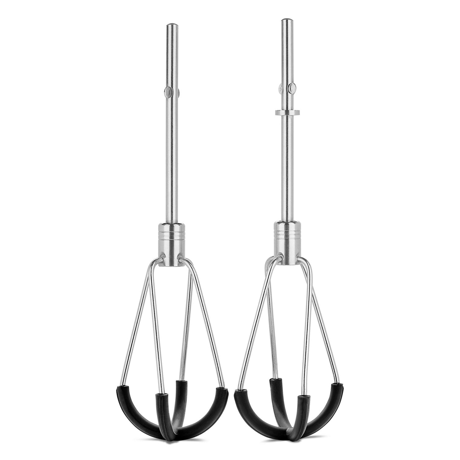 Pair of chrome whisk beaters with black rubber rings