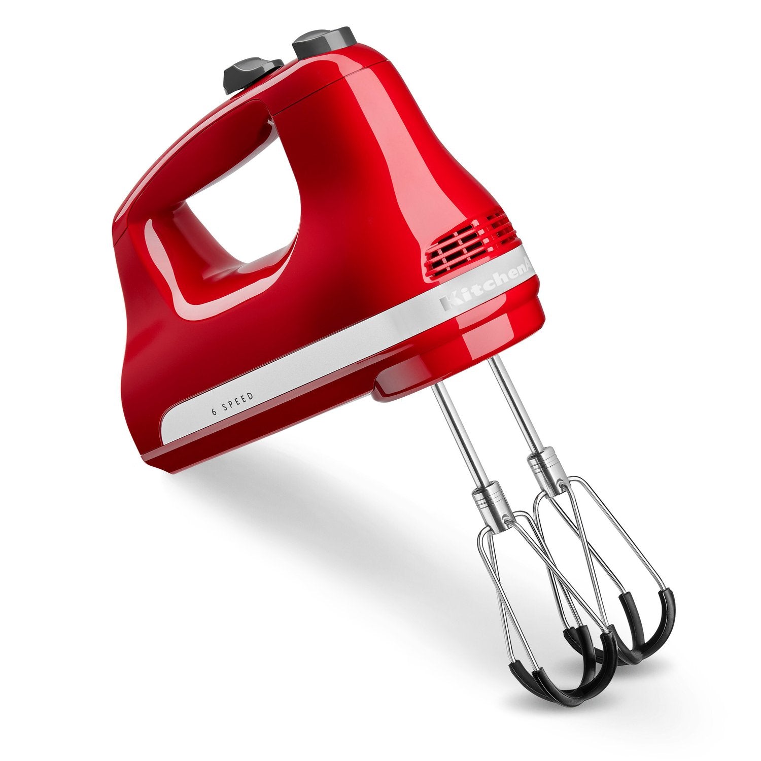 Red 5-speed hand mixer with wire whisk beaters and black speed selector