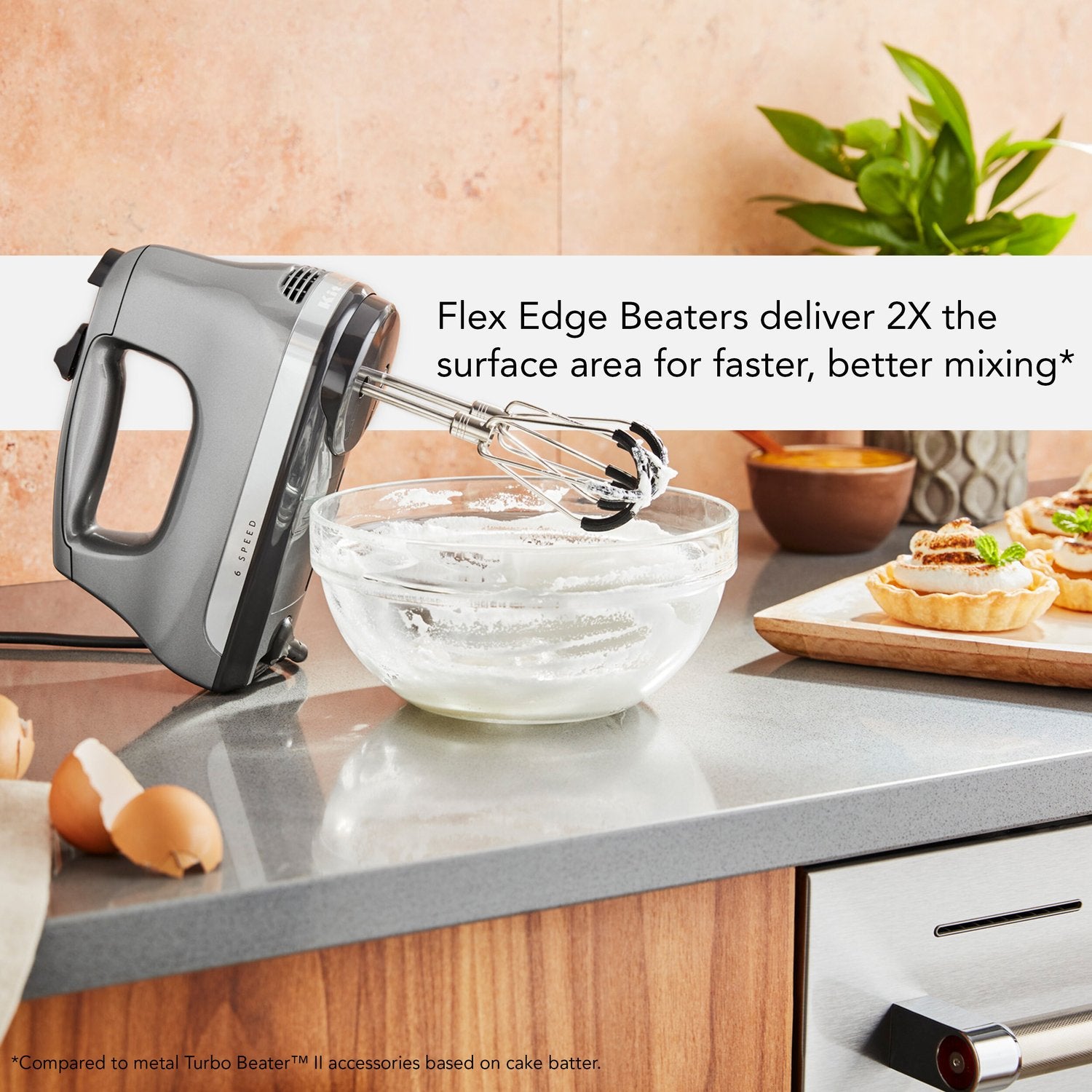 Flex Edge beater accessory silver beaters mixing batter in a bowl