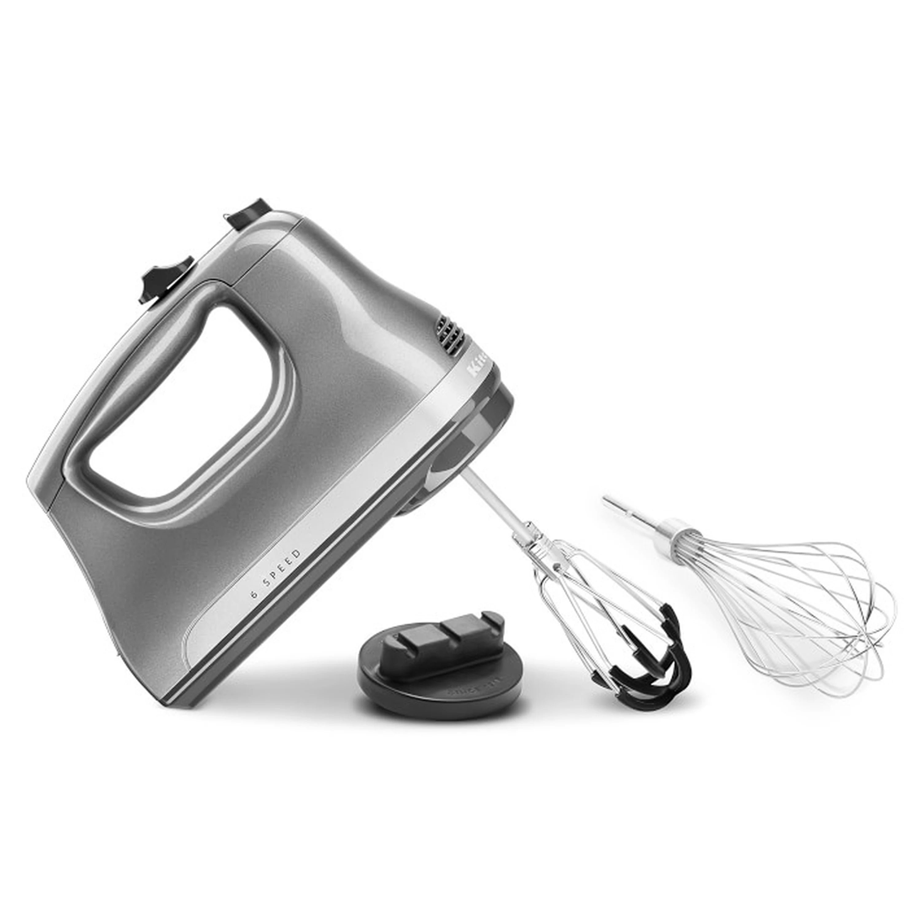 KitchenAid hand mixer with beaters, whisk attachment, and storage base