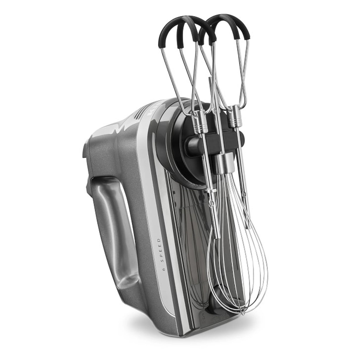 KitchenAid hand mixer with stainless beaters and black cord wrap