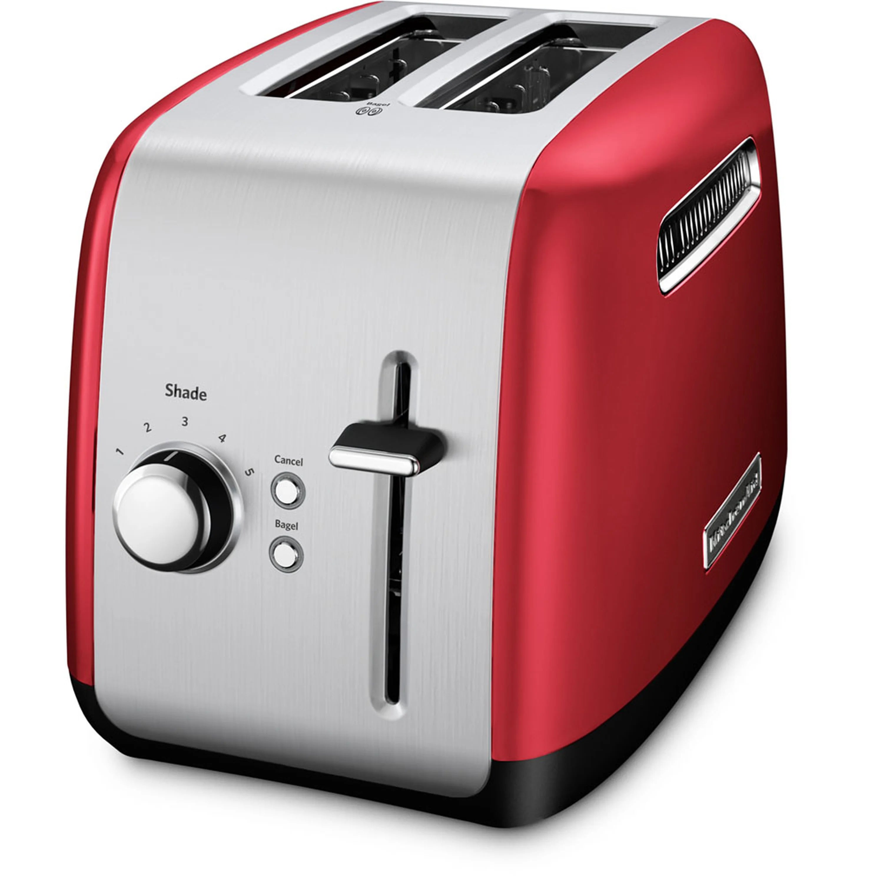 KitchenAid 2-slice toaster in Empire Red with manual lift lever and control dial