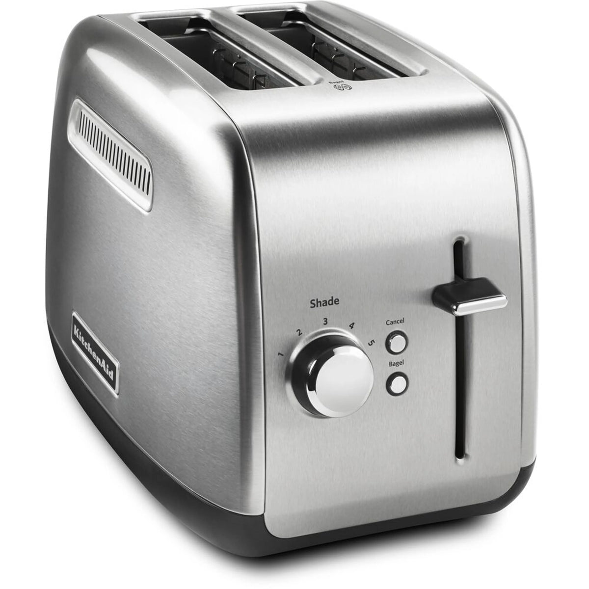 Brushed stainless steel 2-slice toaster with shade dial and manual lift lever