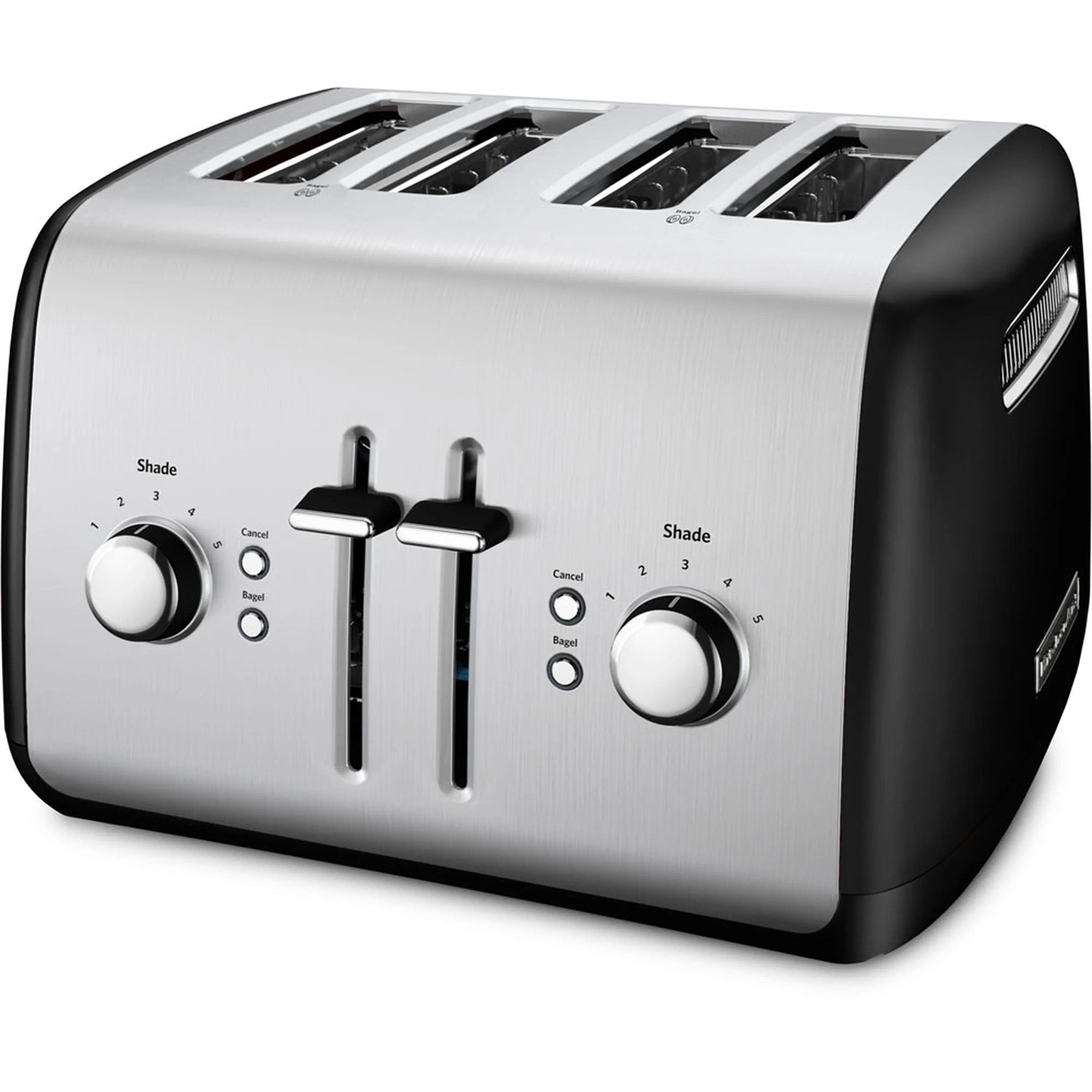 4-slice metal toaster with black end caps, manual lift levers and shade dials