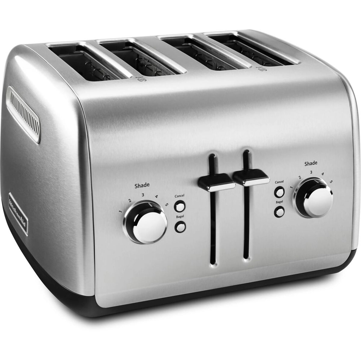 4-slice brushed stainless steel toaster with manual lift lever and control knobs