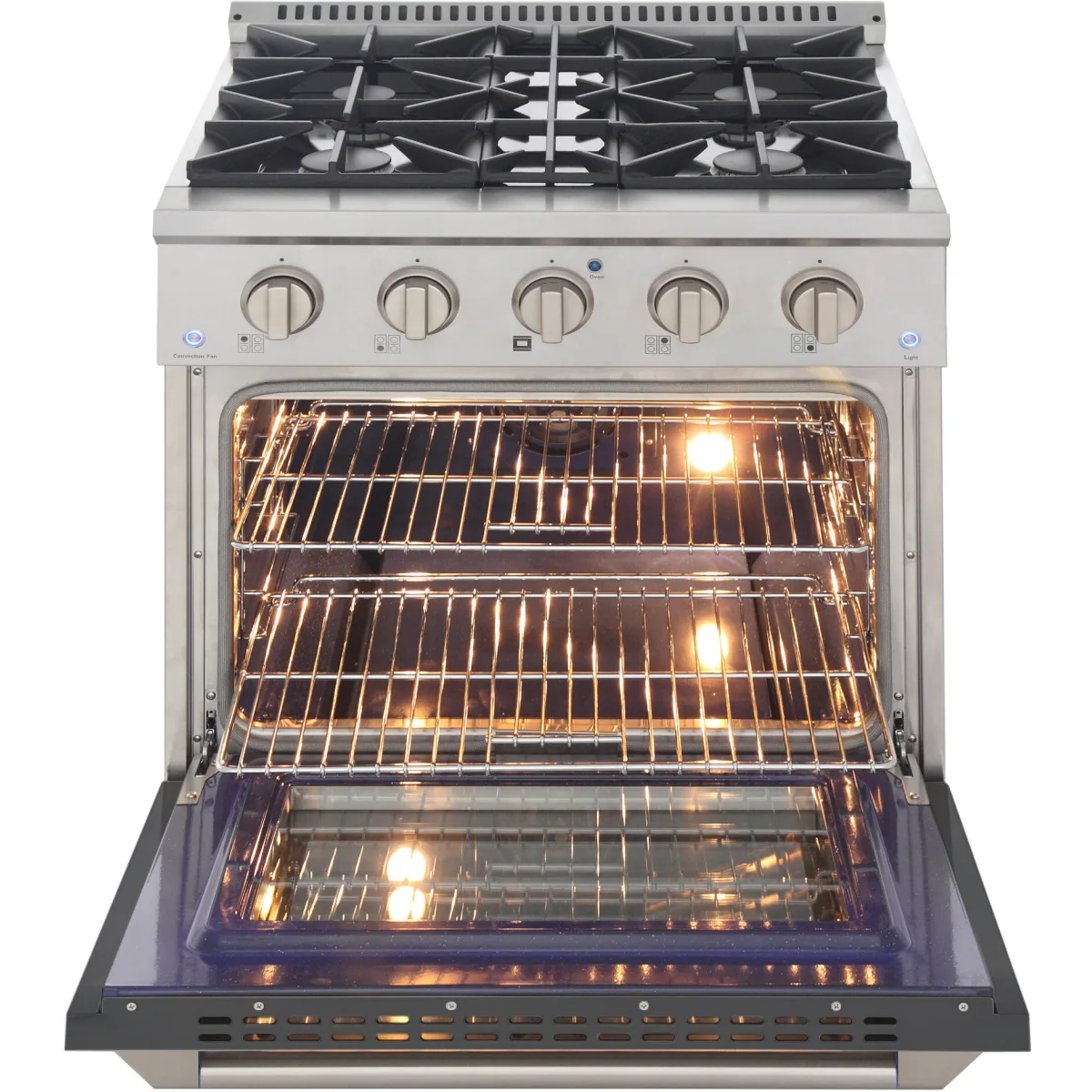 Open natural gas range oven showing lit racks and baking interior