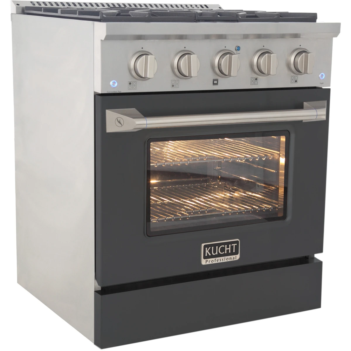 Kucht propane gas range with five knobs and oven window, badge on front