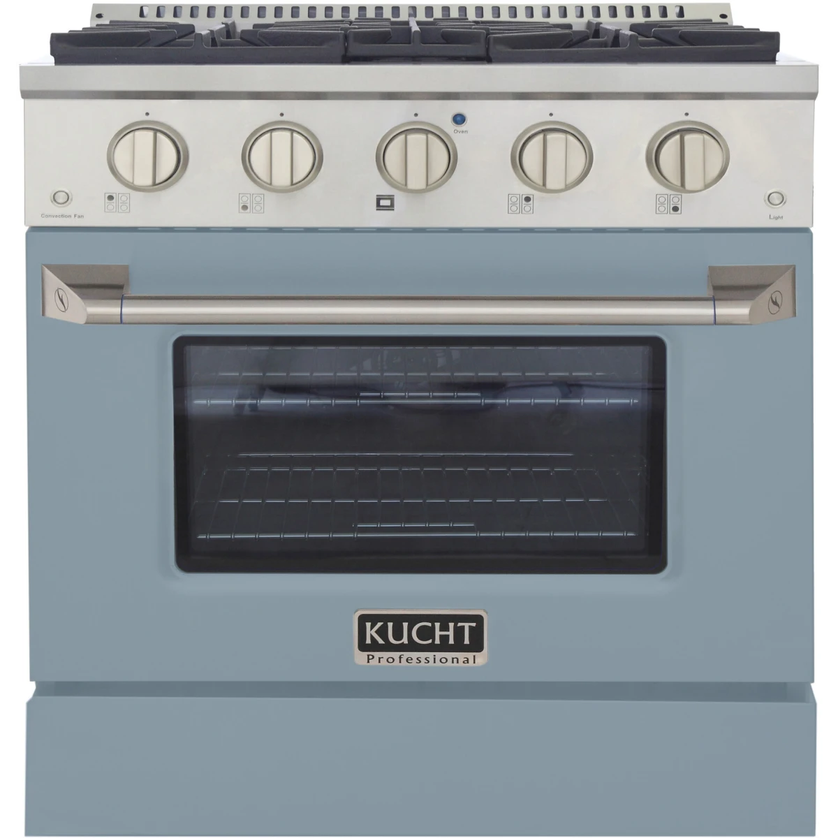 Light blue propane gas range front view with five knobs and oven glass