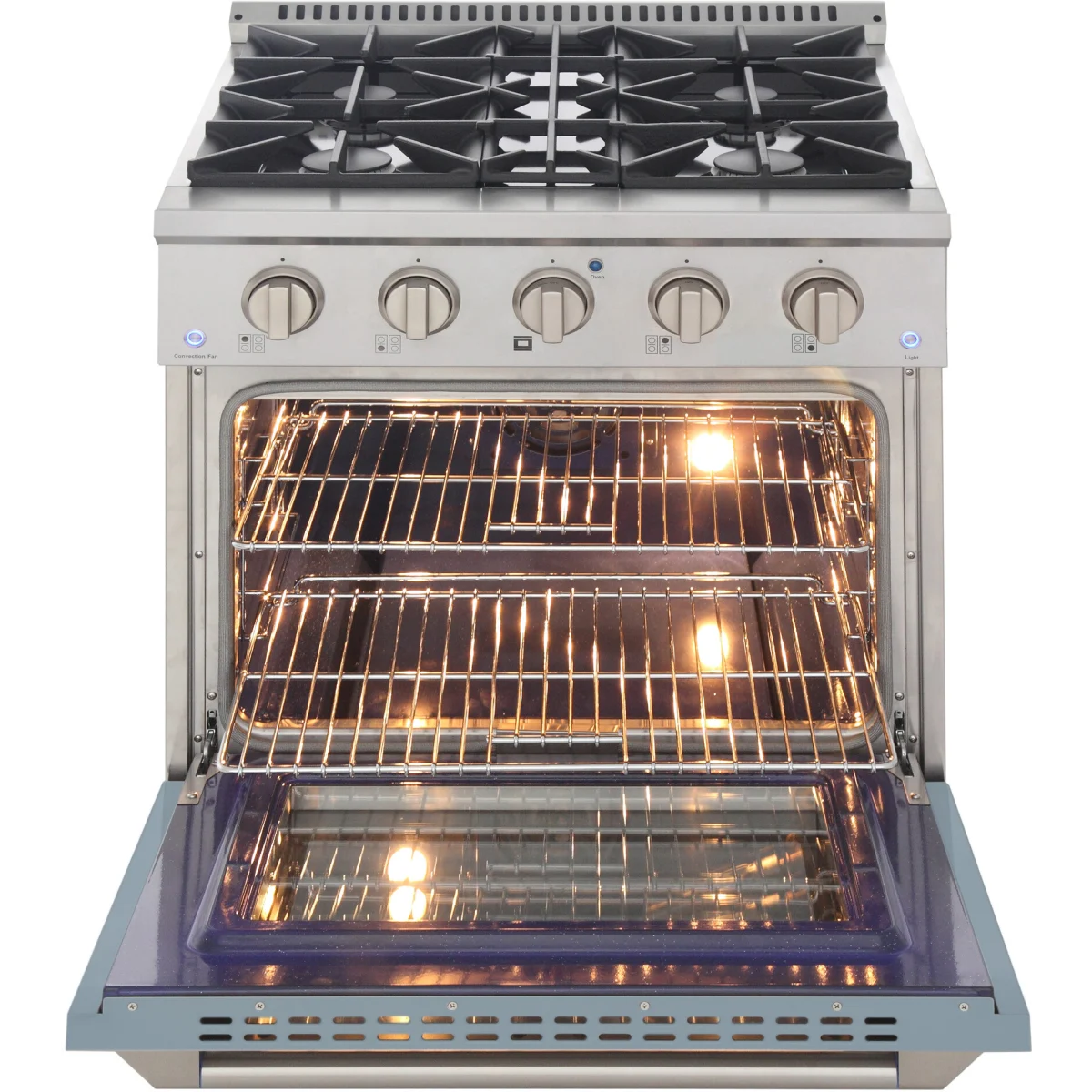 Open oven door with glowing racks and warm interior light