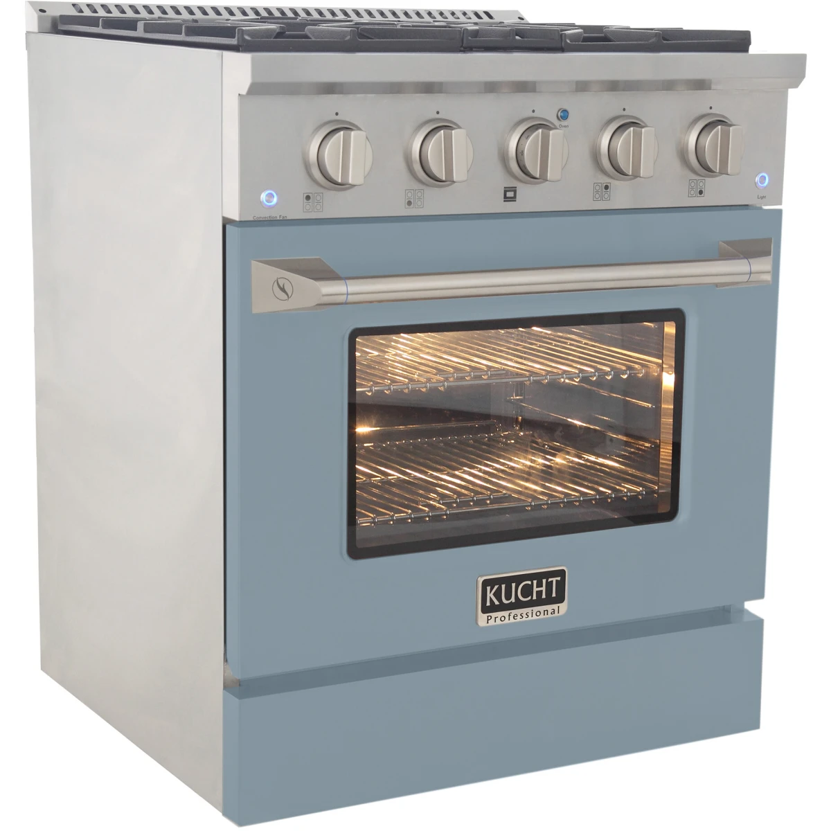 Gas range with open oven door and lit interior