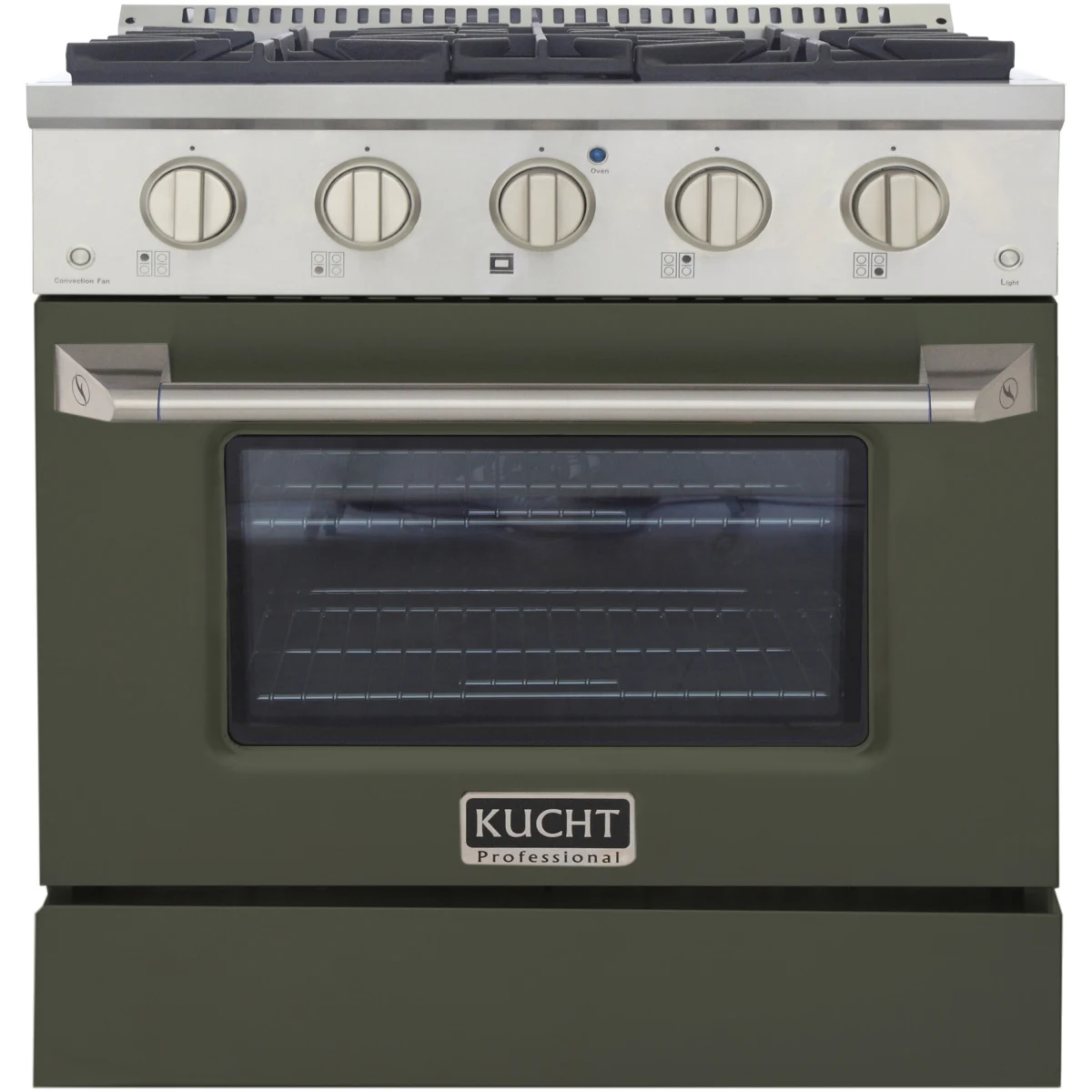 Olive green oven door with window and four front control knobs on Kucht range.