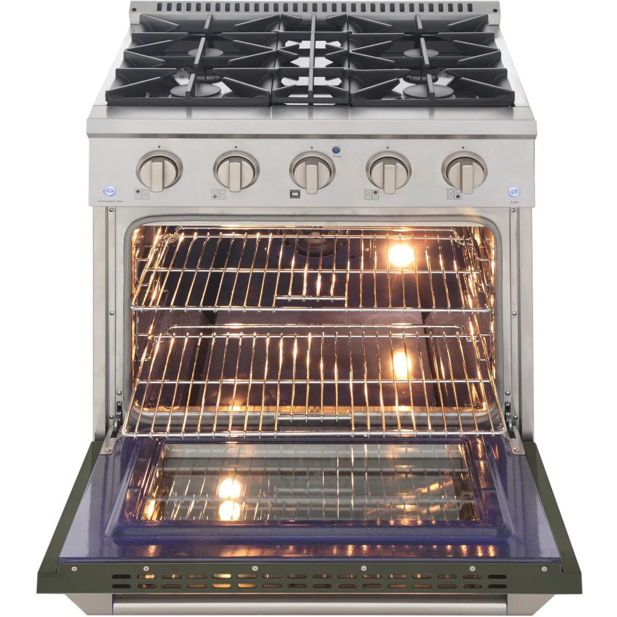 Olive green gas range with open oven door and four stovetop burners.