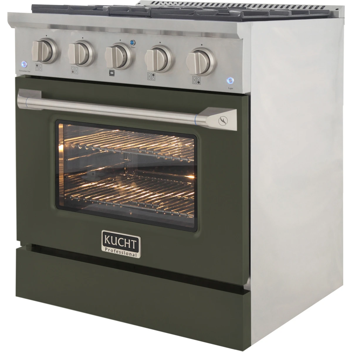 Kucht propane gas range with open oven window and control knobs over olive front