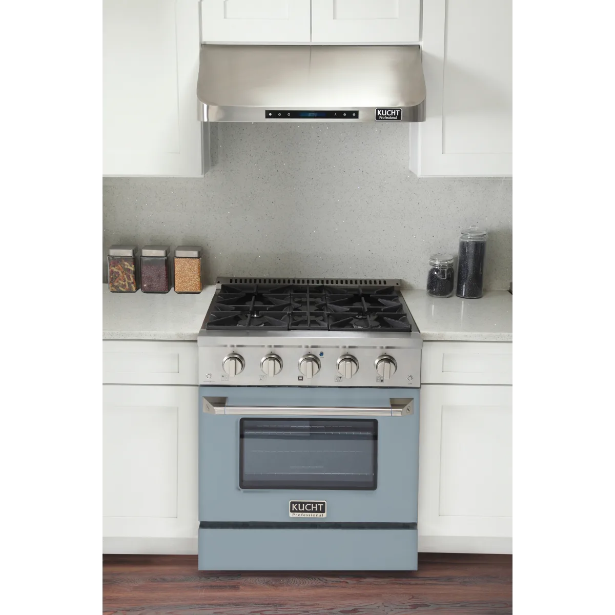 Light blue propane gas range with open oven and black burner grates