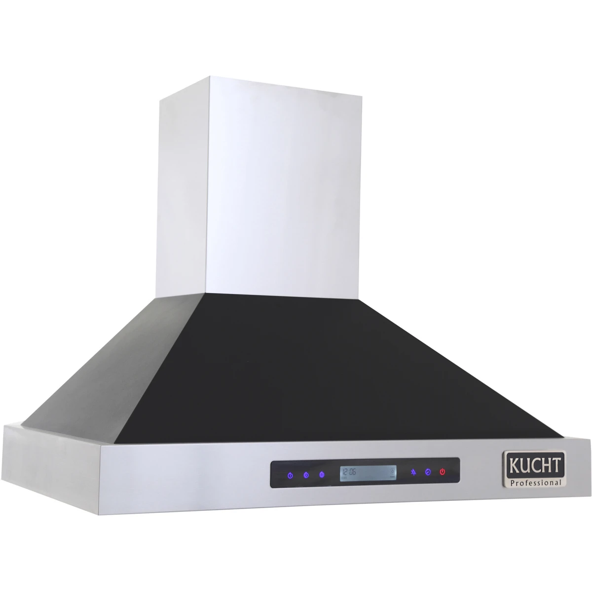 Stainless steel wall-mount range hood with black chimney baffle and control panel