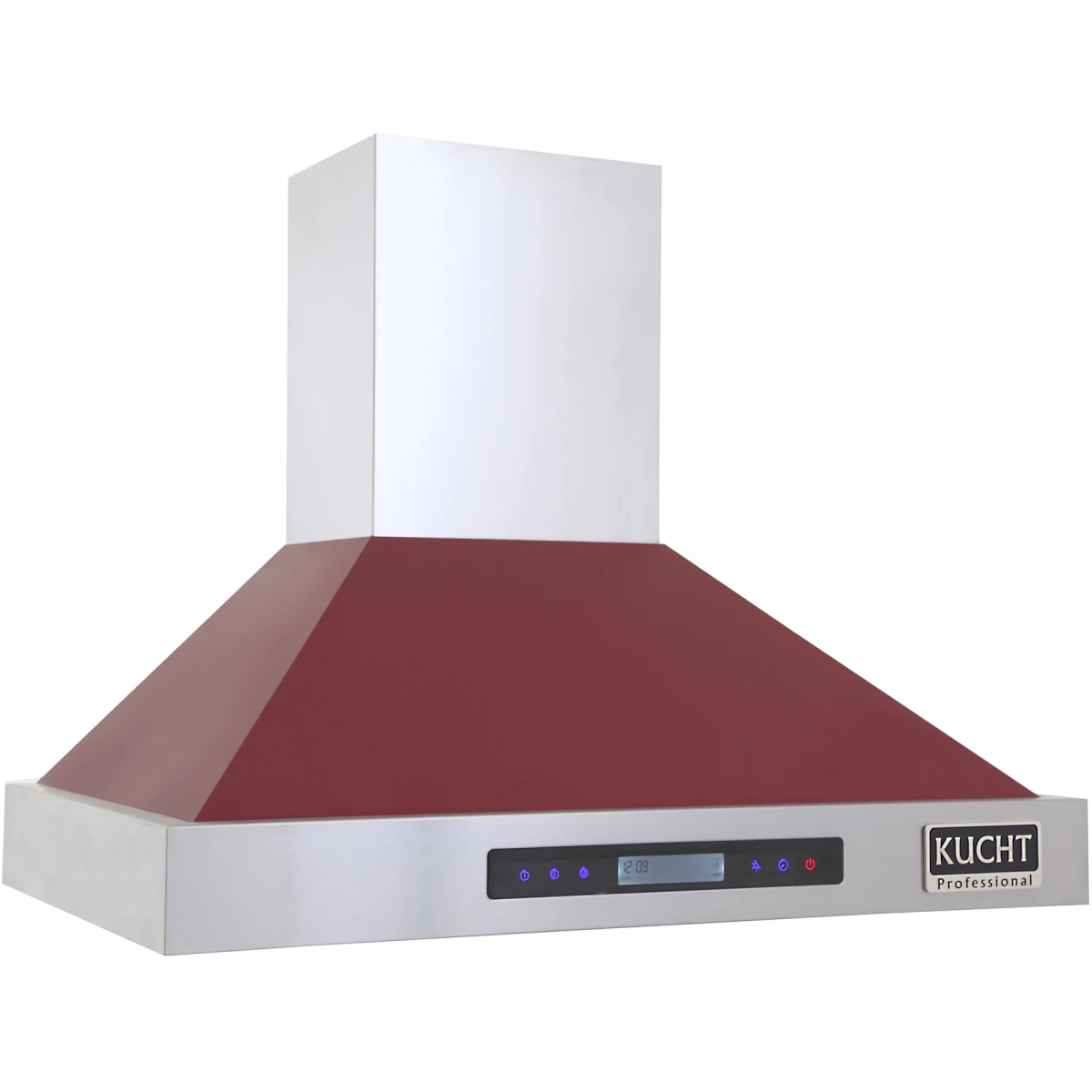 Stainless steel wall-mount range hood with red baffle and touch control panel
