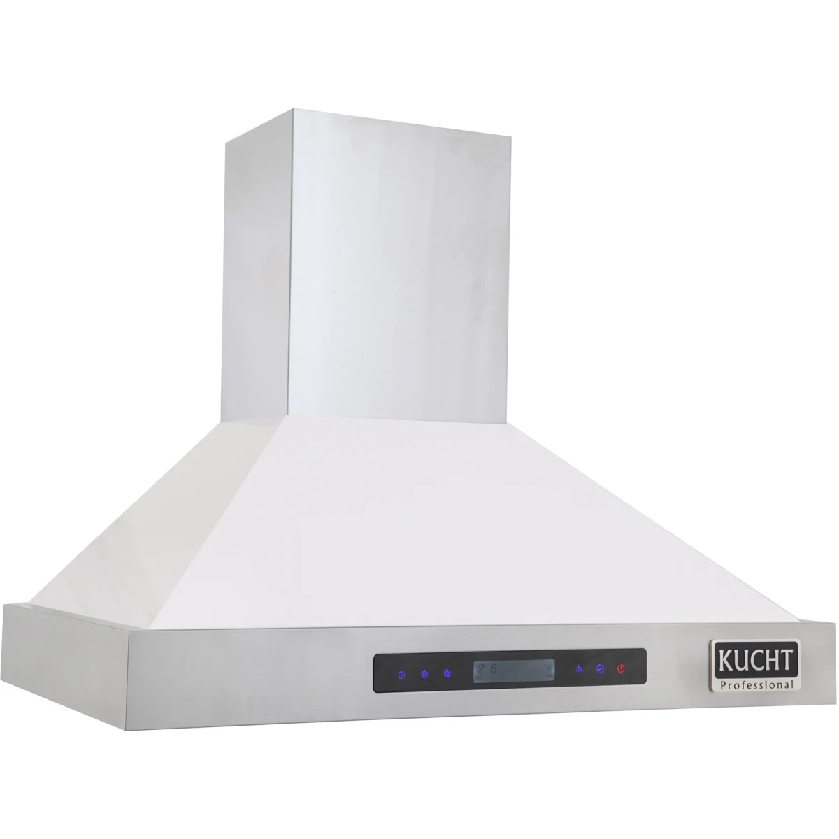 Stainless steel wall mount range hood with LED control panel and Kucht logo