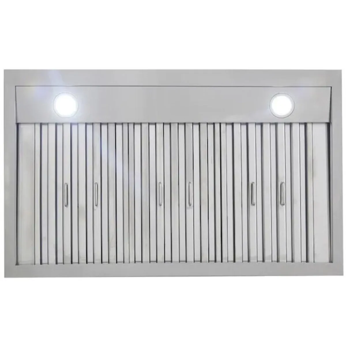 Stainless steel wall mount range hood filter grille with two lit round lights