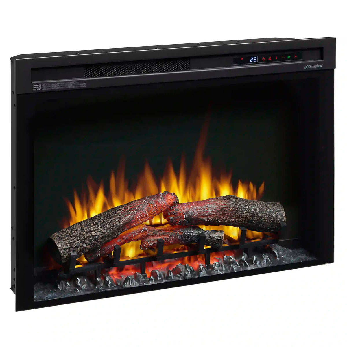 Wide view of black electric firebox with glowing logs and flame effect in the frame
