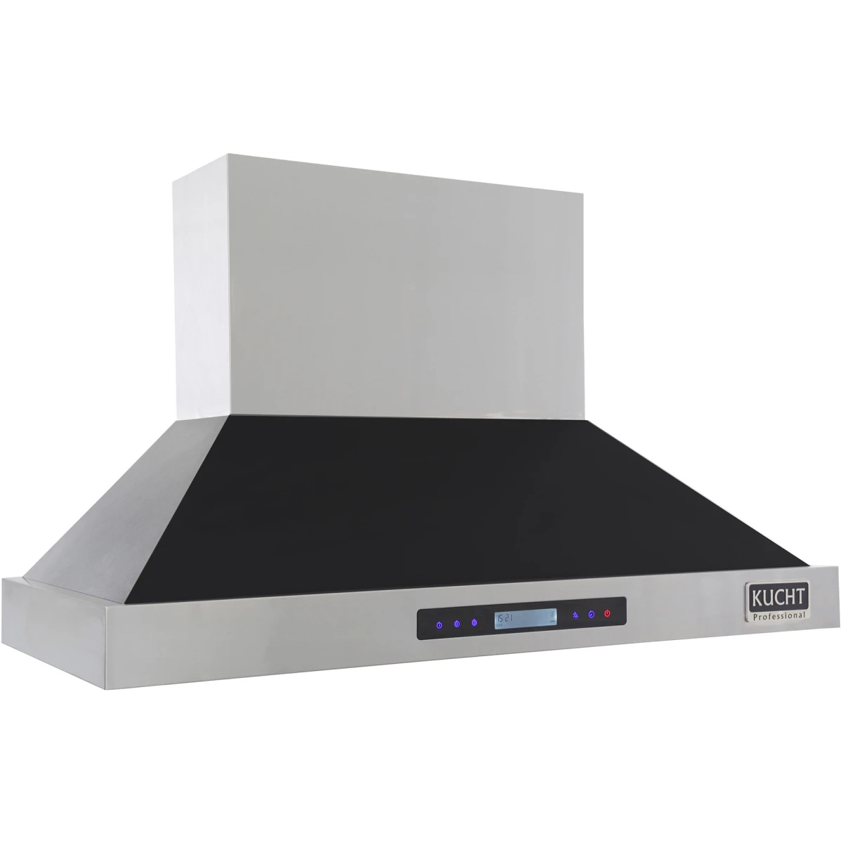 Stainless steel wall mount range hood with black vent panel and front control display