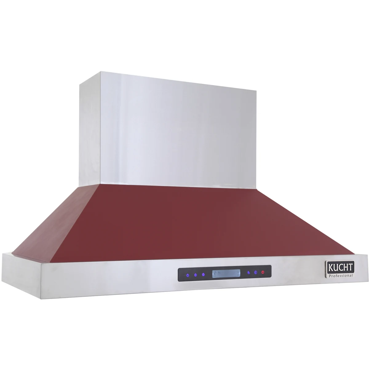 Stainless steel wall mount range hood with red underside and control panel display
