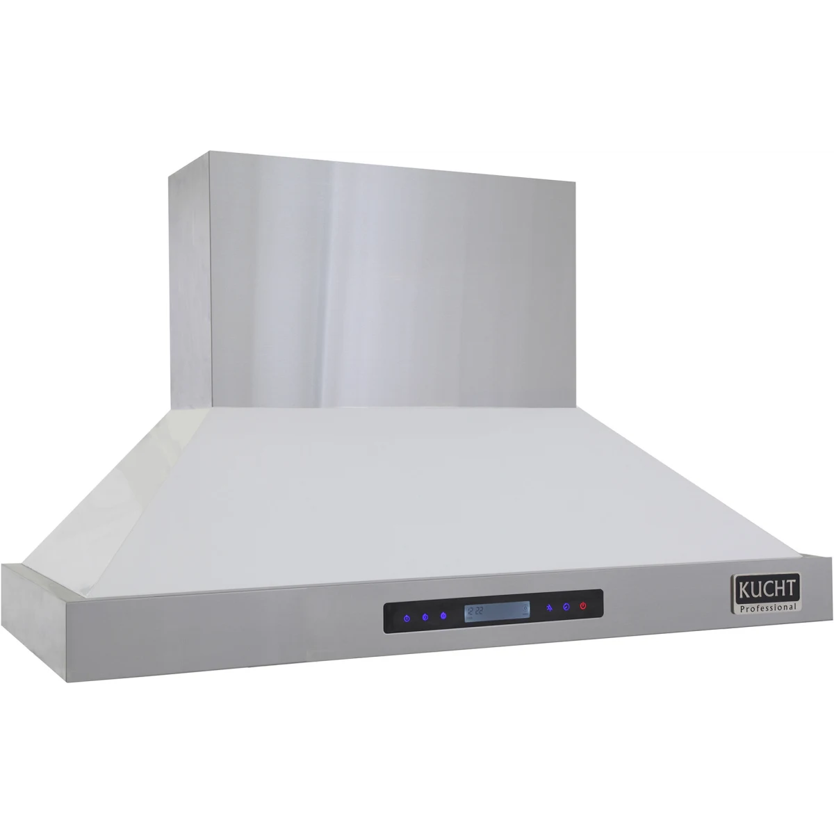 Wall-mount range hood with stainless body, white canopy, control panel and LED lights