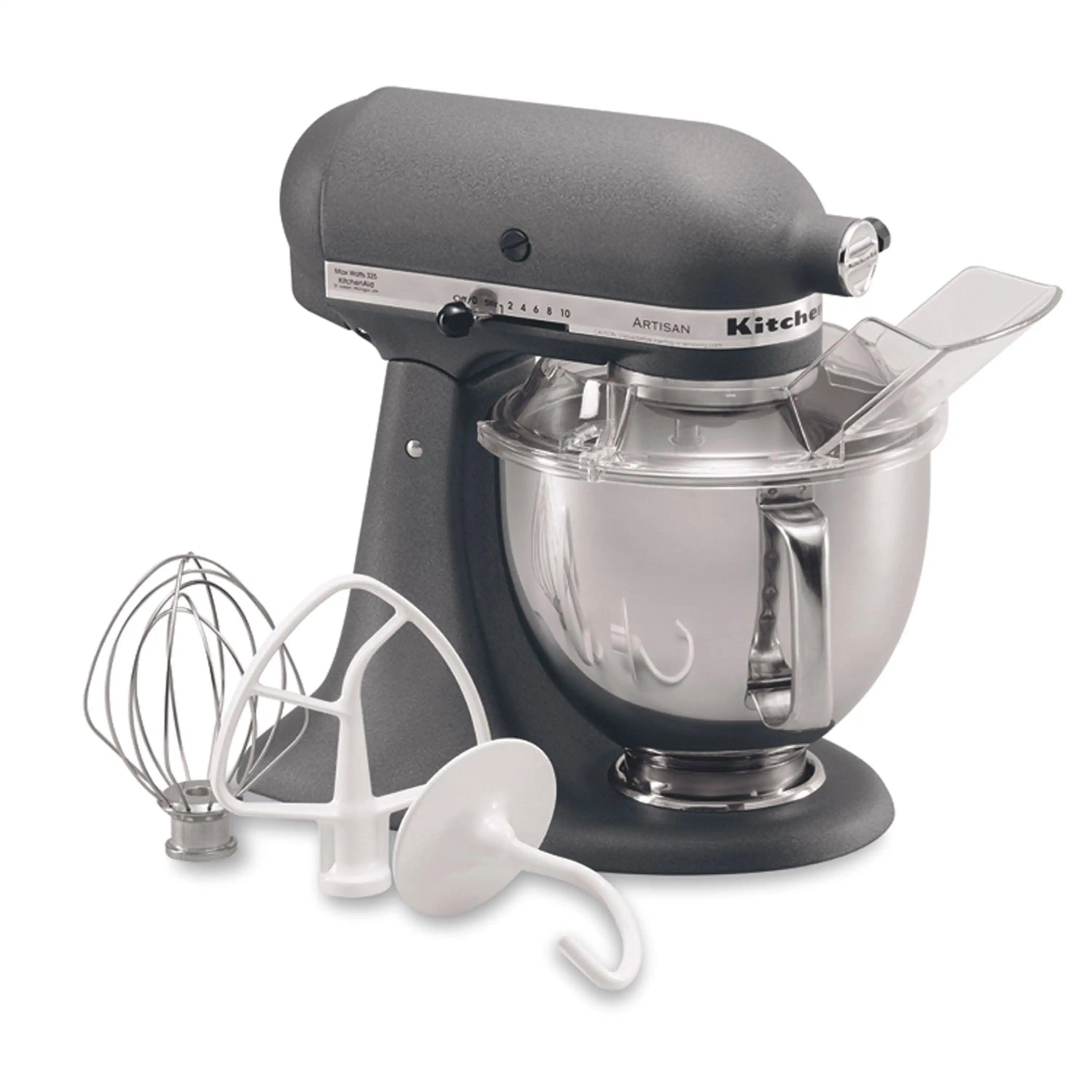 KitchenAid Artisan tilt-head stand mixer, gray with stainless bowl and wire whisk