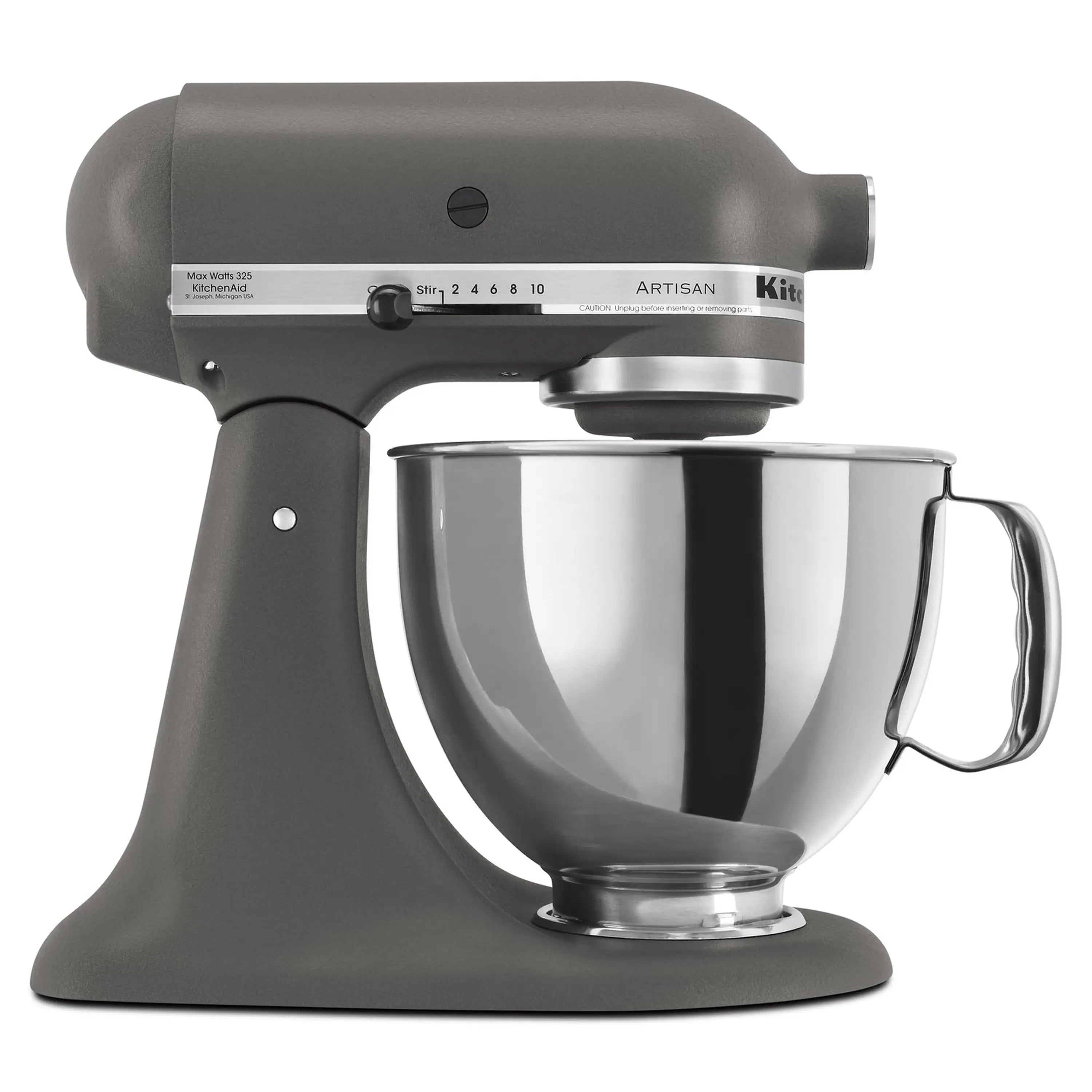 KitchenAid Artisan tilt-head stand mixer with gray base and stainless mixing bowl