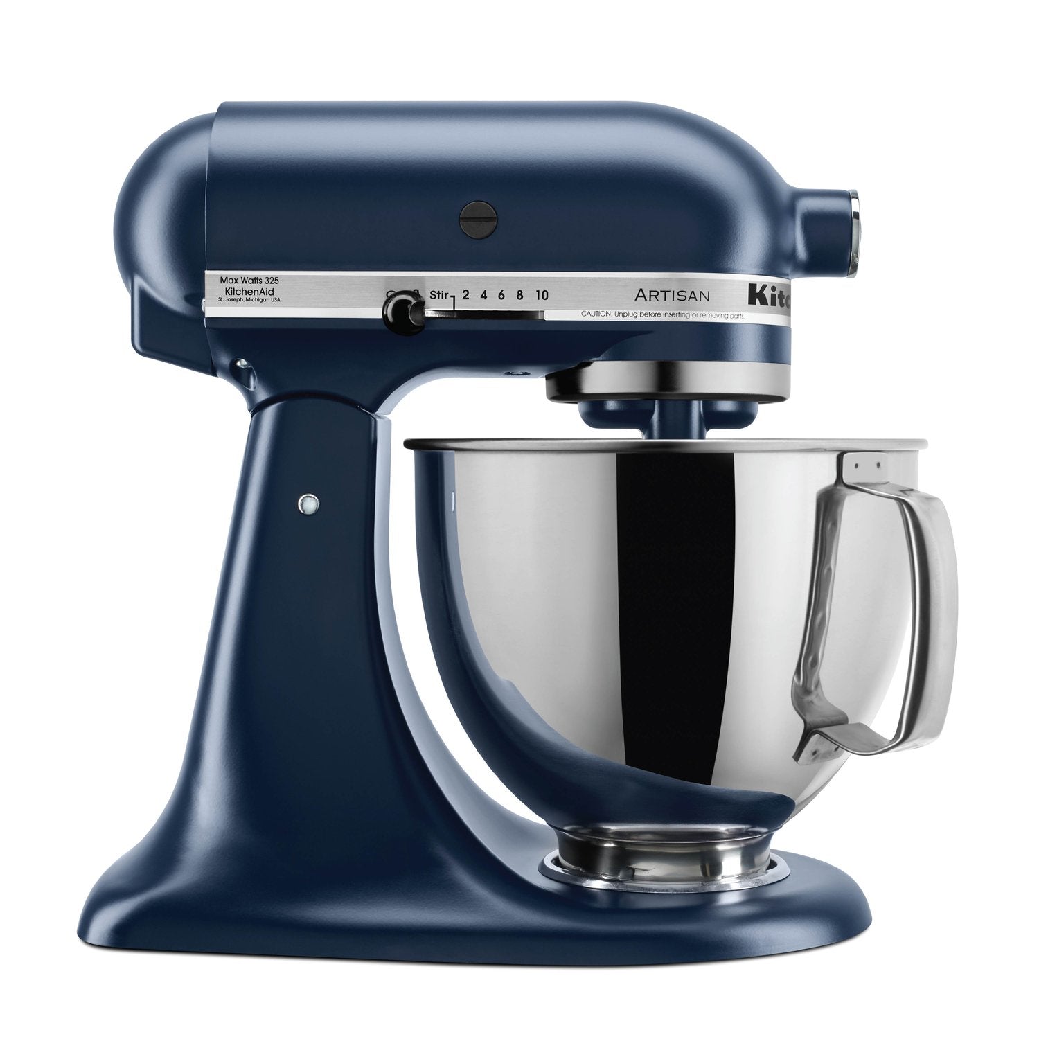 KitchenAid stand mixer with stainless steel bowl and ink blue housing