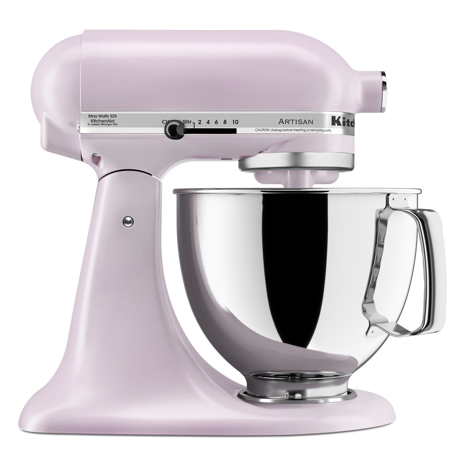 Purple tilt-head stand mixer with stainless bowl, chrome handle, and paddle beater
