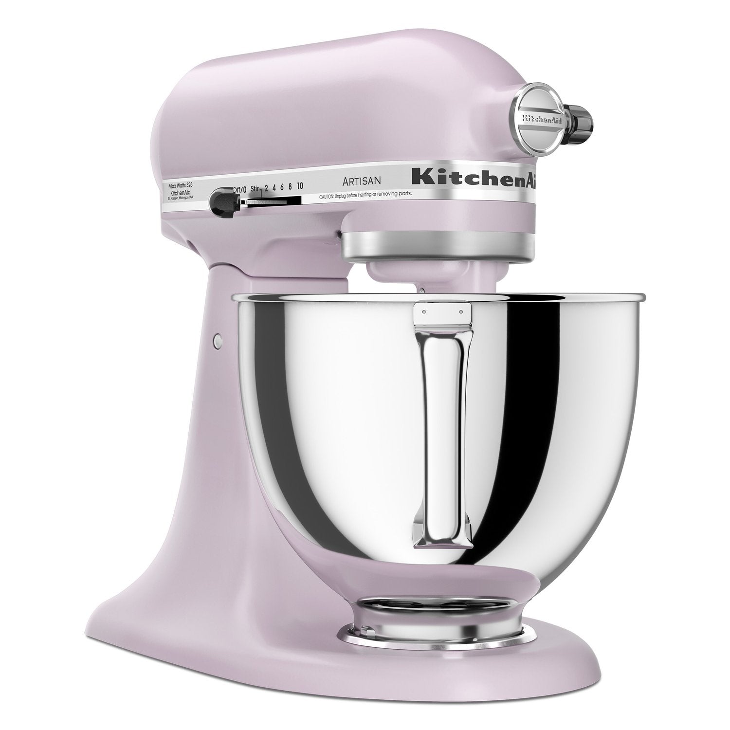 Purple tilt-head stand mixer with stainless steel bowl and chrome beater attachment