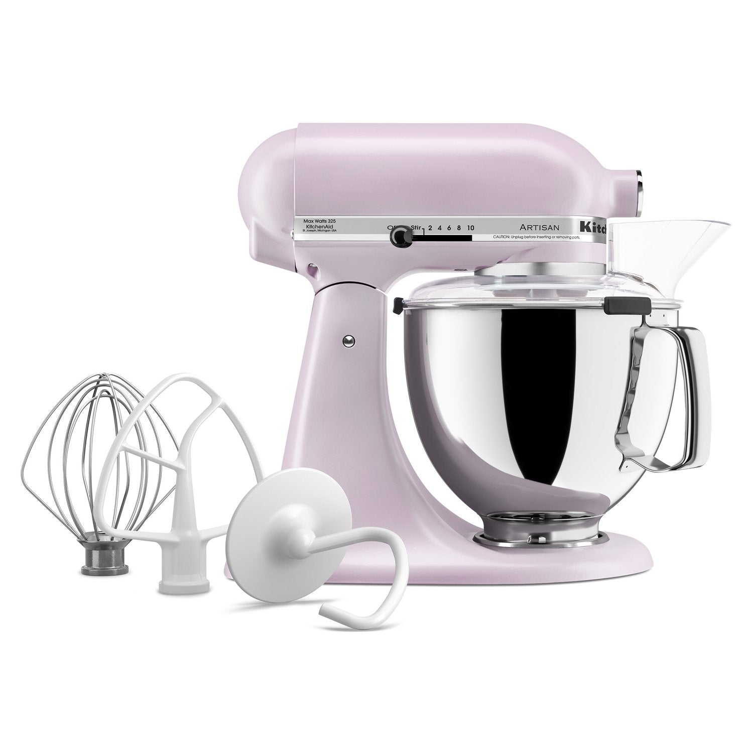 Purple tilt-head stand mixer with stainless bowl, wire whisk, and flat beater