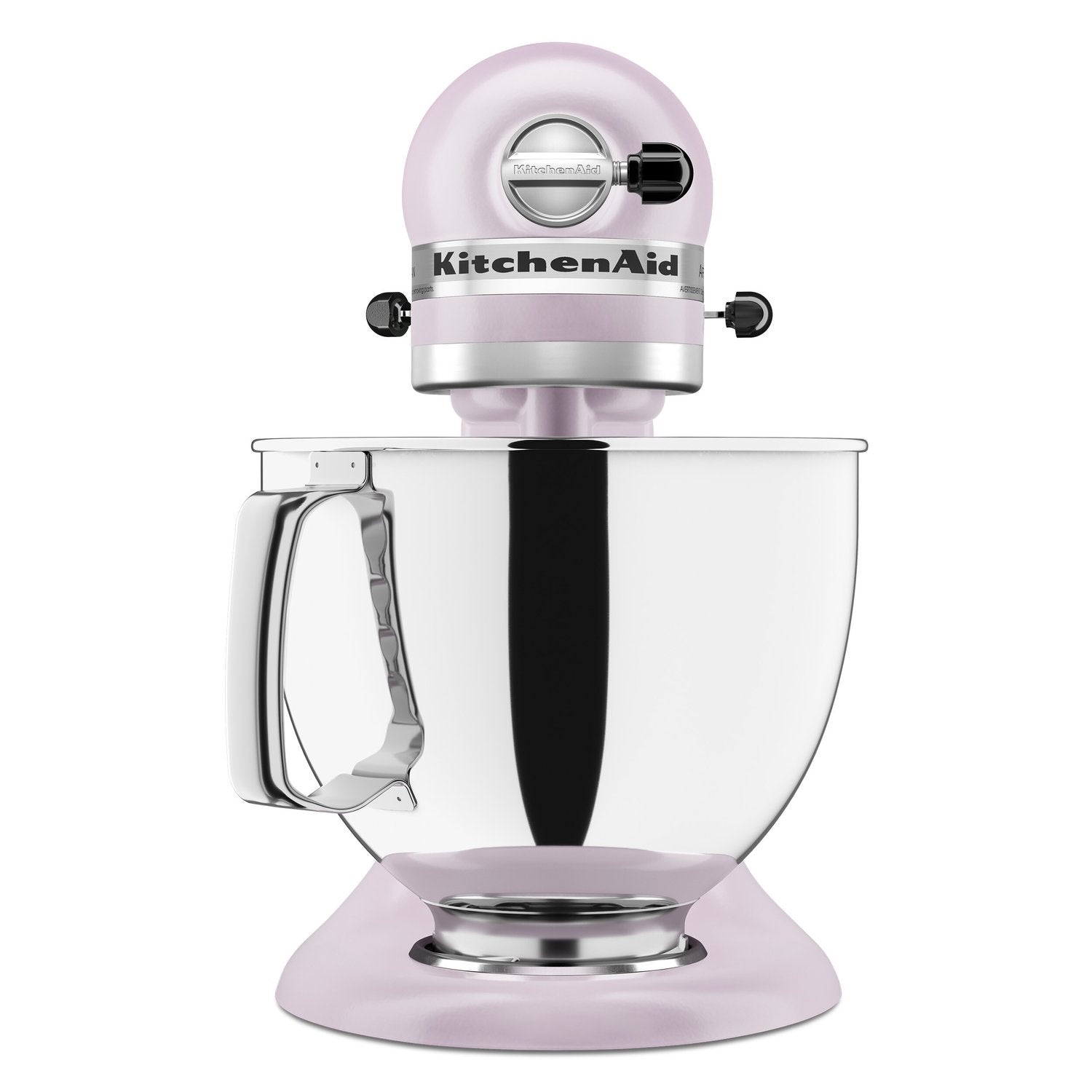 Purple tilt-head stand mixer with stainless steel bowl and chrome mixing handle