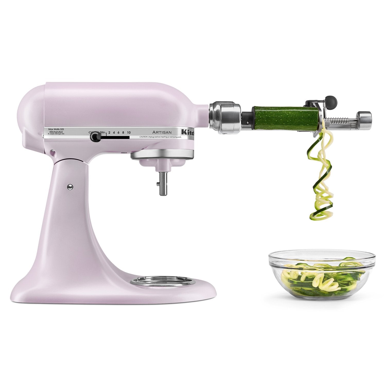 Light purple tilt-head stand mixer with green spiral whisk attachment and bowl