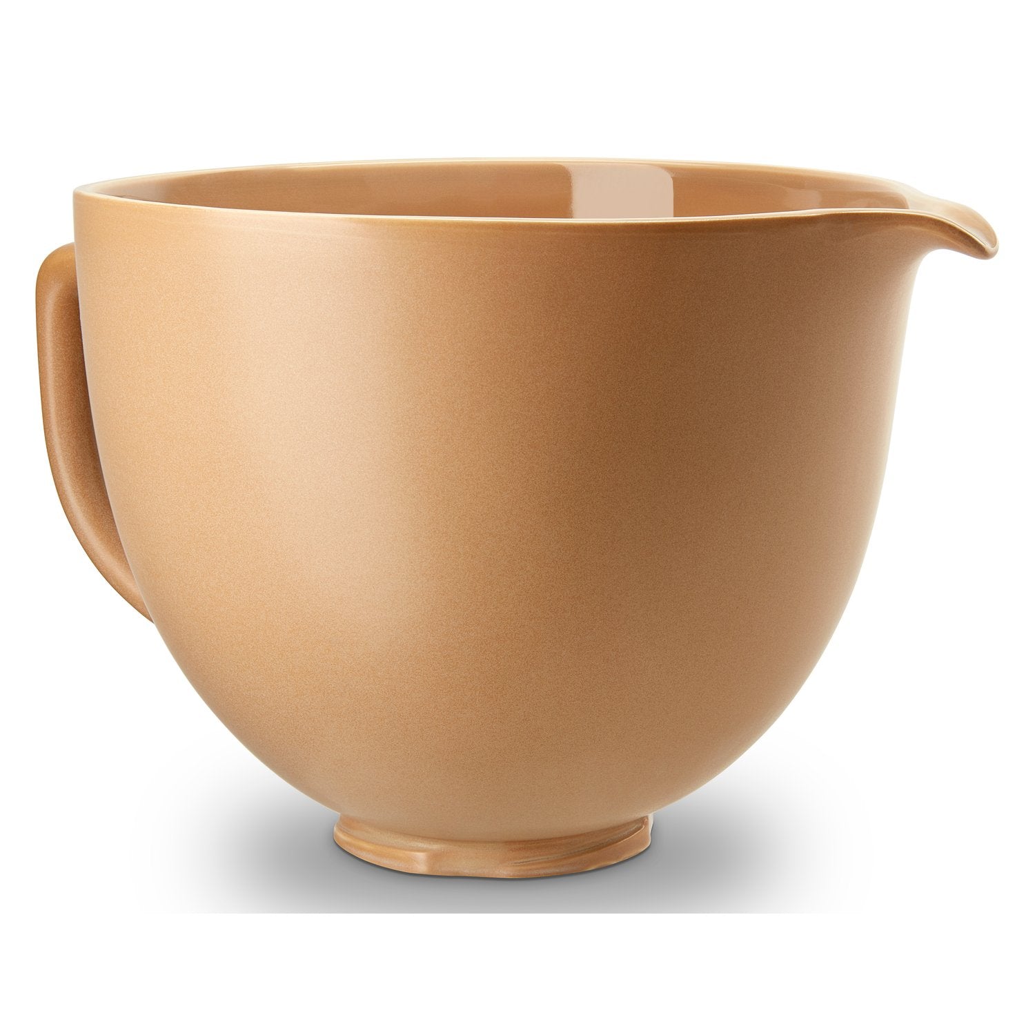 Ceramic mixing bowl in fired clay tan, side handle and pour spout on base