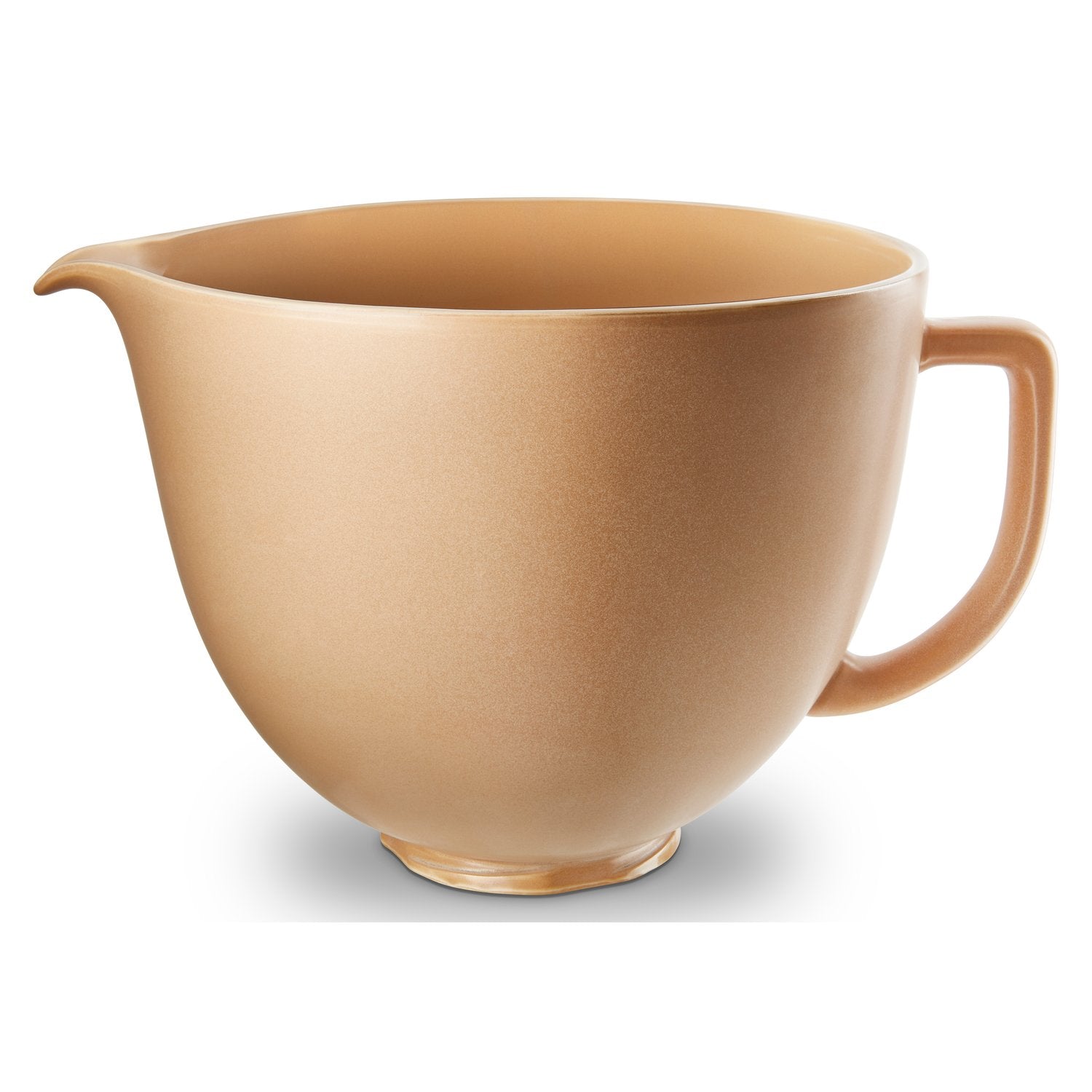 Ceramic mixing bowl with handle, fired clay tan glossy finish and rounded shape