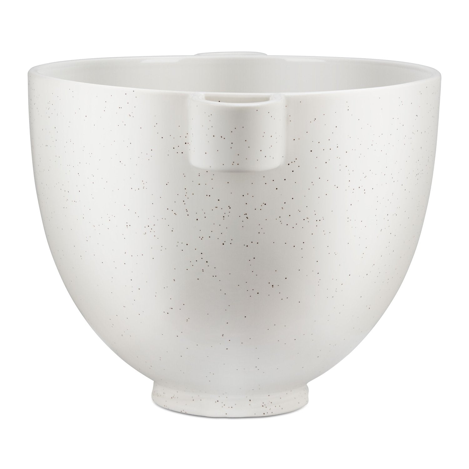 Ceramic mixing bowl with speckled stone finish, white, center rim pour tab